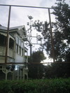 An odd contraption in someone's yard.  Possible a wind powered tea maker.