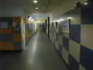 The second floor hallway.  Different coloured chequerboard patterns on the walls help break up the sameness.